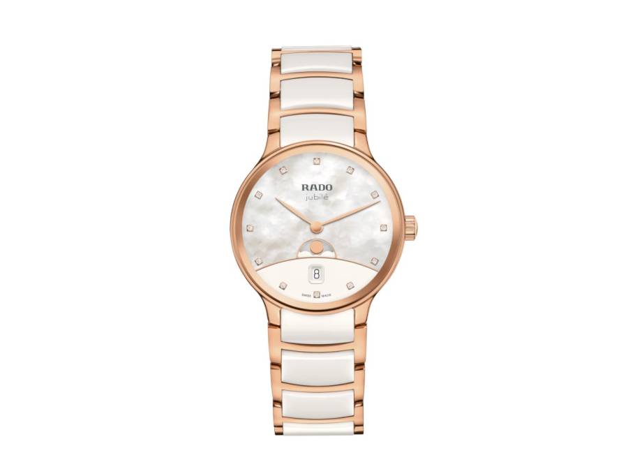 Centrix Diamonds Quarz Edelstahl Roségold-PVD 35mm weißes Perlmutt-Zifferblatt mit Brillanten Metallband