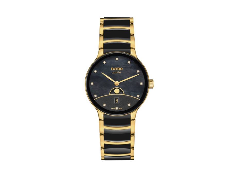 Centrix Diamonds Quarz Edelstahl Gelbgold-PVD 35mm schwarzes Perlmutt-Zifferblatt mit Brillanten Metallband