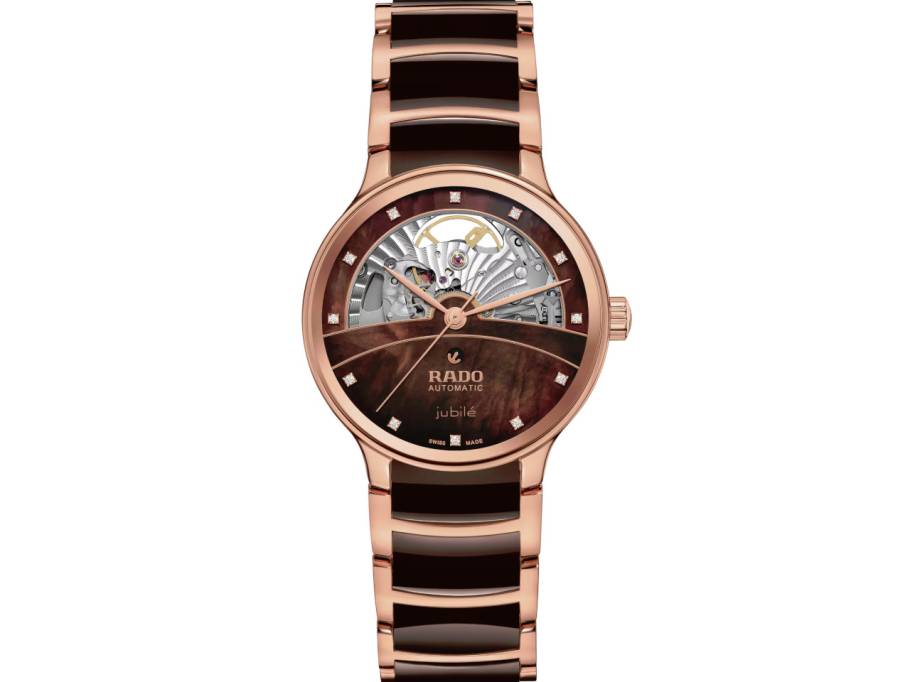 Centrix Automatic Diamonds Open Heart Edelstahl Roségold-PVD 35mm braunes Zifferblatt braunes Keramikband
