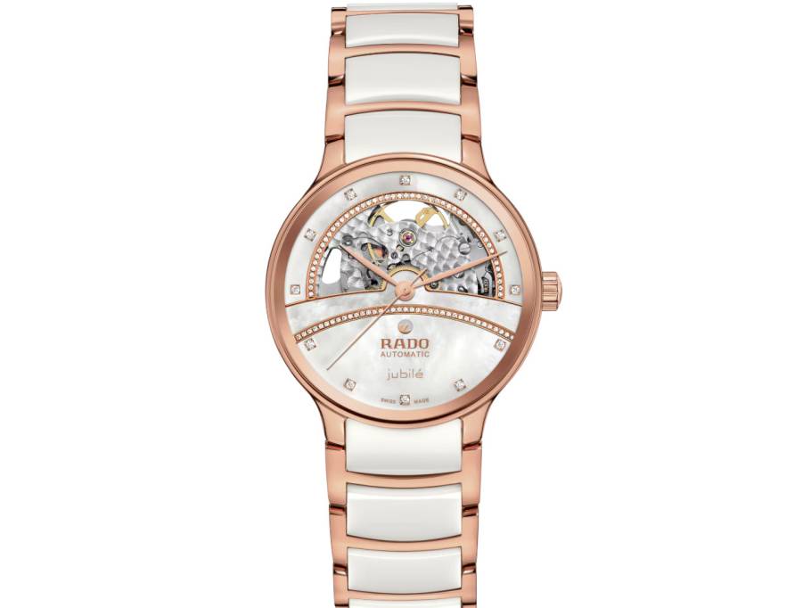 Centrix Automatic Diamonds Open Heart Edelstahl Roségold-PVD 35mm weißes Zifferblatt weißes Keramikband
