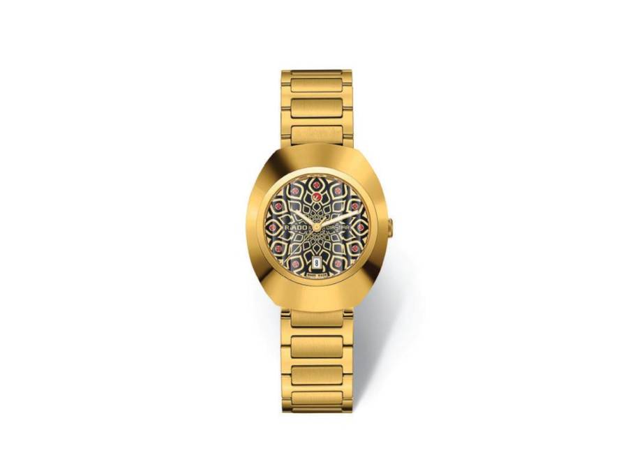 DiaStar Original Automatik Edelstahl Gelbgold-PVD 30mm schwarzes Zifferblatt Metallband