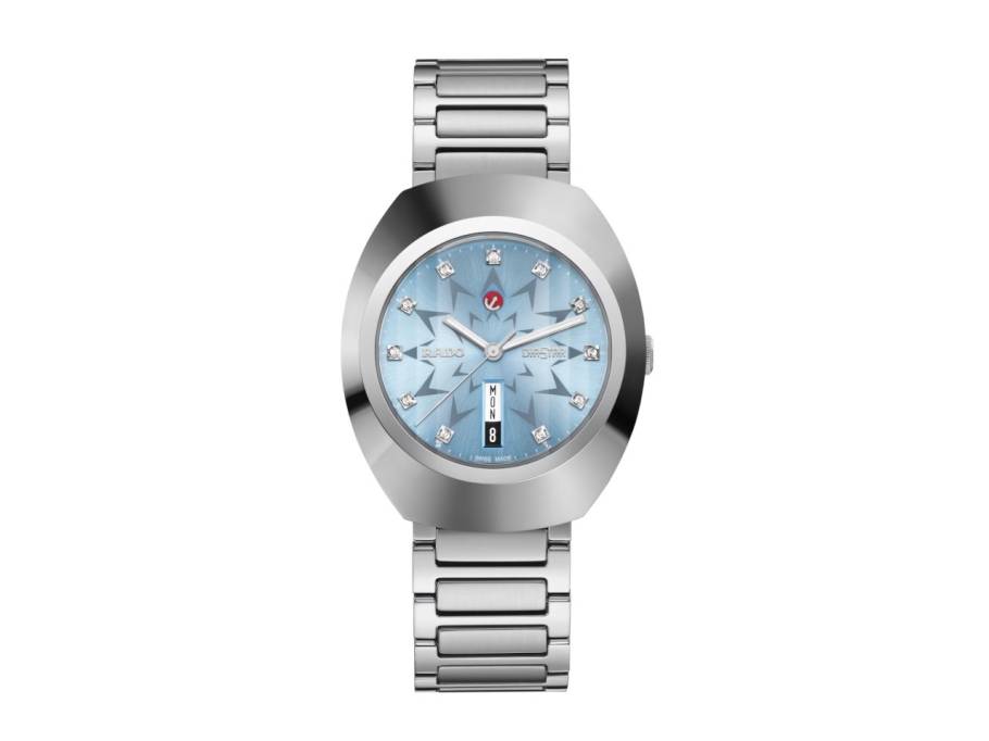 DiaStar Original Automatik Edelstahl 38mm blaues Zifferblatt mit Brillanten Metallband