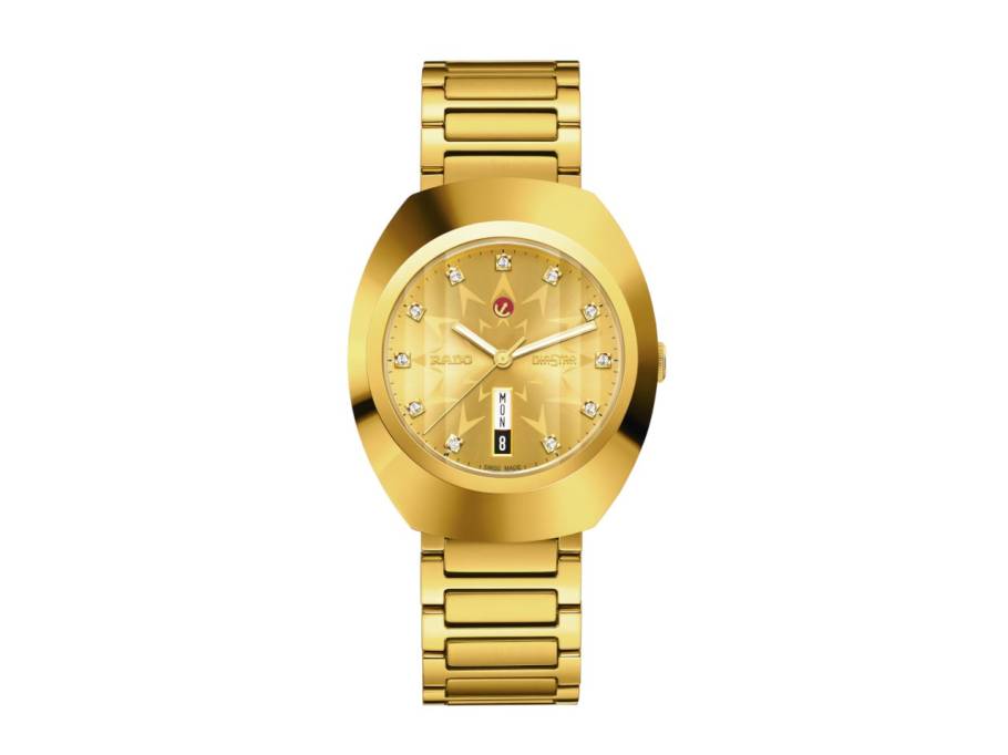 DiaStar Original Automatik Edelstahl Gelbgold-PVD 38mm goldfarbenes Zifferblatt mit Brillanten Metallband