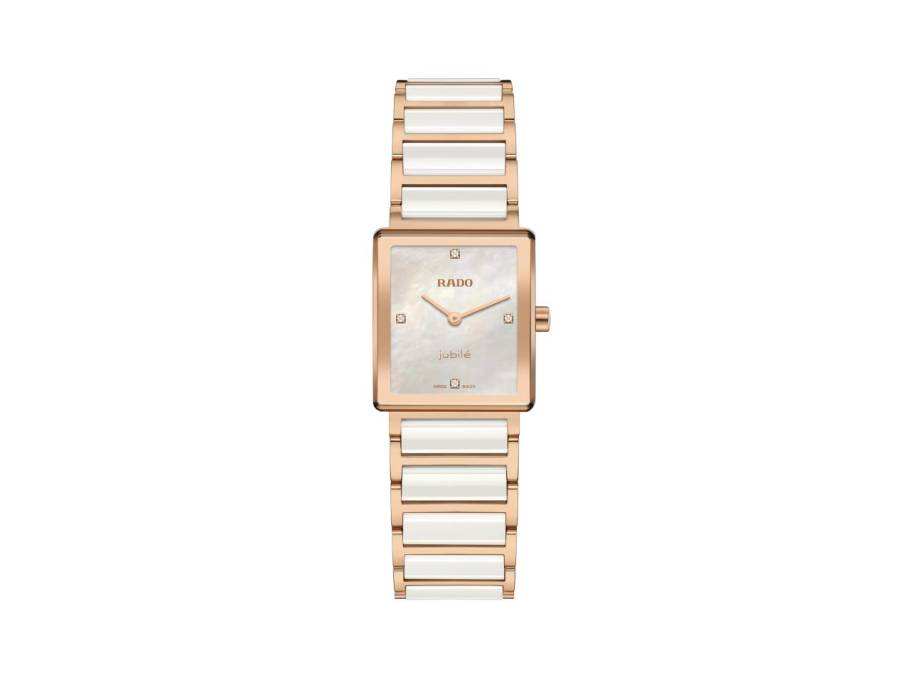   Integral Quarz Edelstahl Roségold-PVD 23x33mm weißes Perlmutt-Zifferblatt mit Brillanten Keramikband
