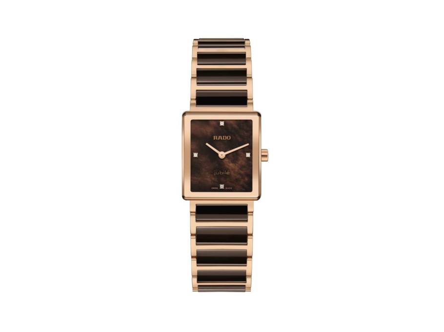   Integral Quarz Edelstahl Roségold-PVD 23x33mm braunes Perlmutt-Zifferblatt mit Brillanten Keramikband