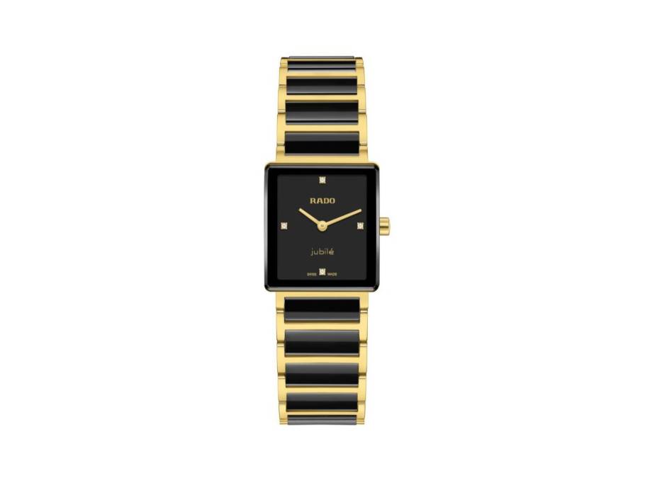   Integral Quarz Edelstahl Gelbgold-PVD 23x33mm schwarzes Zifferblatt mit Brillanten Keramikband