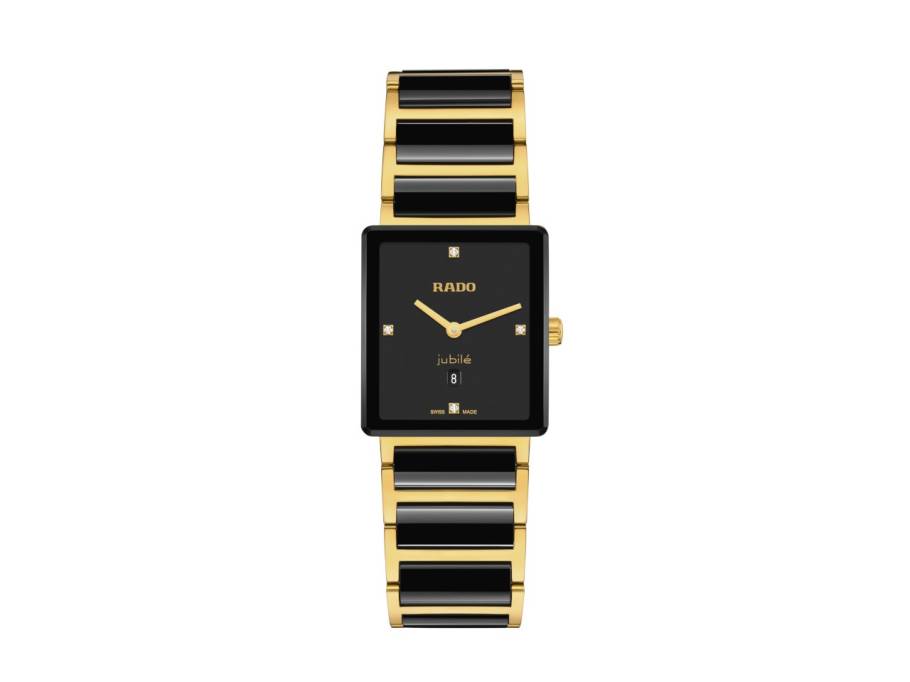  Integral Quarz Edelstahl Gelbgold-PVD 28,5 x 31,5mm schwarzes Zifferblatt mit Brillanten Metallband