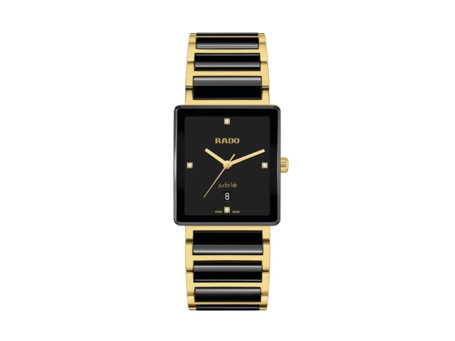 Integral Quarz Edelstahl Gelbgold-PVD 31,5 x 44,5mm schwarzes Zifferblatt mit Brillanten Keramikband