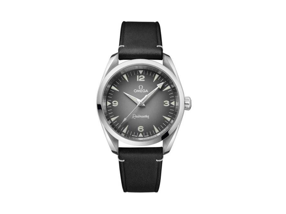 Seamaster Railmaster Automatik Edelstahl 38mm graues Zifferblatt schwarzes Lederband
