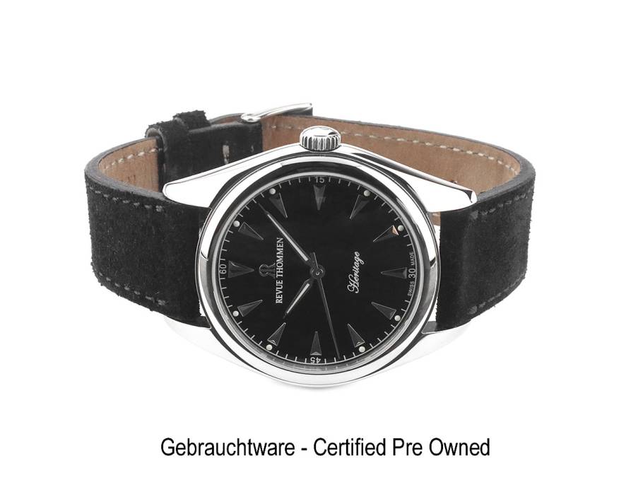 Revue Thommen Heritage Black Dial Automatic Edelstahl 39mm schwarzes Zifferblatt schwarzes Lederband 21010.2538 Full Set Occasion Neu