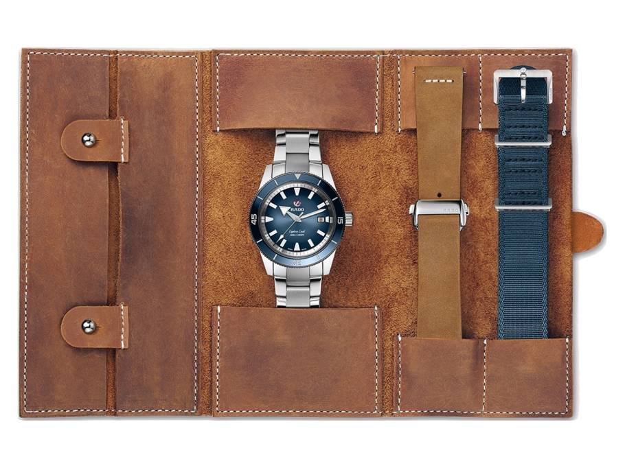 Captain Cook Edelstahl blau Edelstahlband mit Lederetui und Wechselbändern