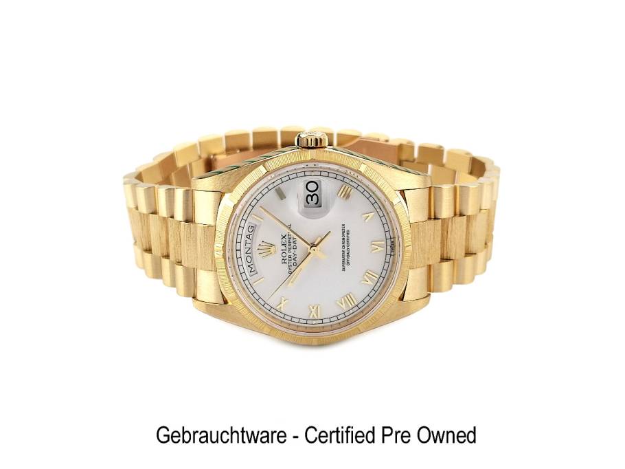 Rolex Day-Date 36 Borke Automatik Gelbgold 36mm weißes Zifferblatt massives Goldband 18248 Occasion Refurbished
