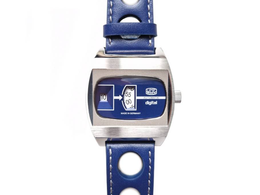 Scheibenuhr Automatik mit springender Stunde Edelstahl 41mm blaues Zifferblatt blaues Lederband limitiert