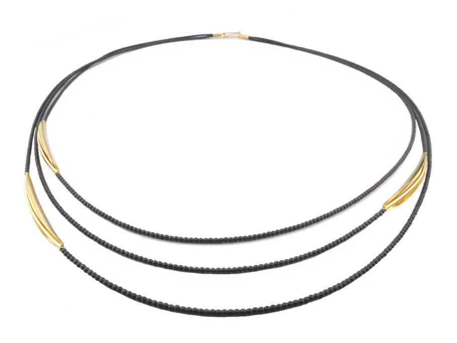 Collier Silber vergoldet mit schwarzen Hämatitperlen 90cm