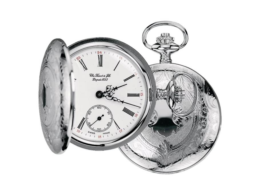 T-Pocket Taschenuhr Savonnette Handaufzug Edelstahl 49,55mm weißes Zifferblatt