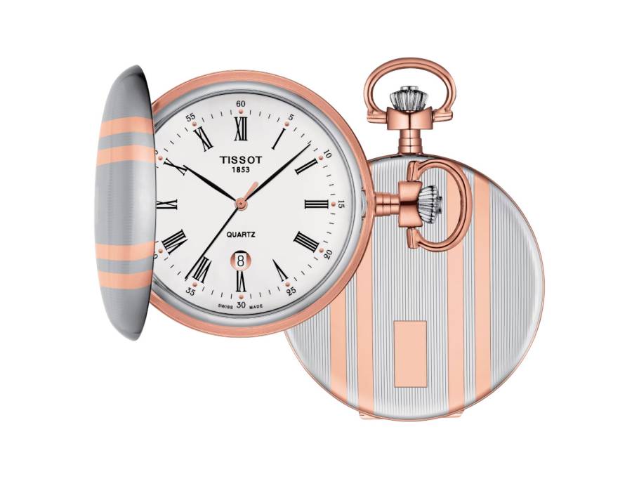 T-Pocket Taschenuhr Savonnette Quarz Messing bicolor 48,5mm weißes Zifferblatt