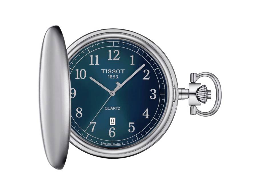 T-Pocket Taschenuhr Savonnette Quarz Edelstahl 48,5mm blaues Zifferblatt