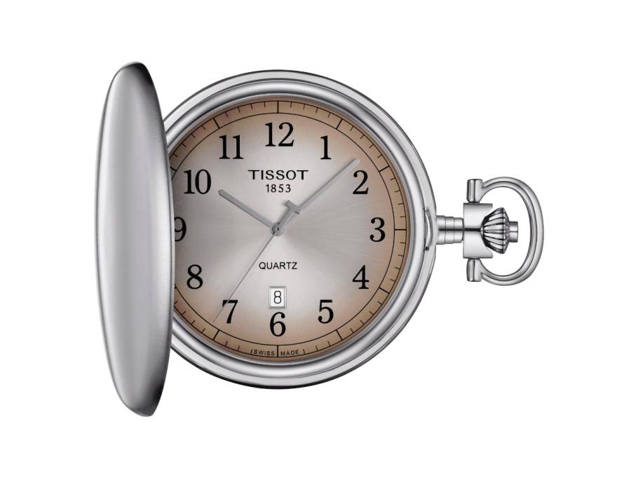 T-Pocket Taschenuhr Savonnette Quarz Edelstahl 48,5mm silber/braunes Zifferblatt