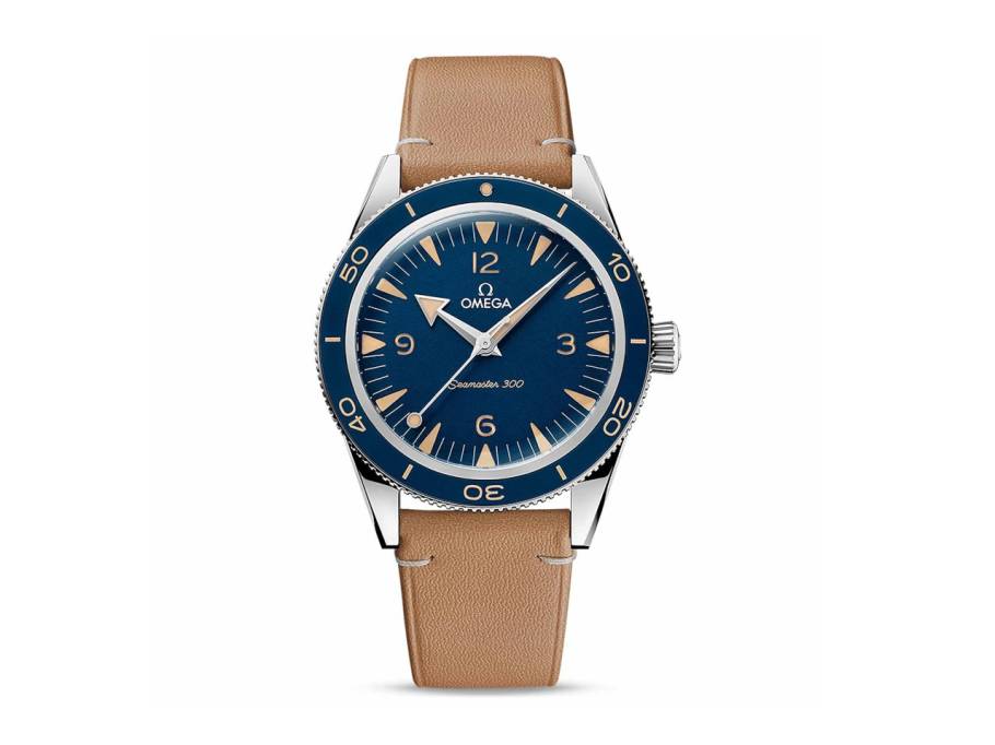 Seamaster 300 Automatik Edelstahl 41mm blaues Zifferblatt braunes Lederband