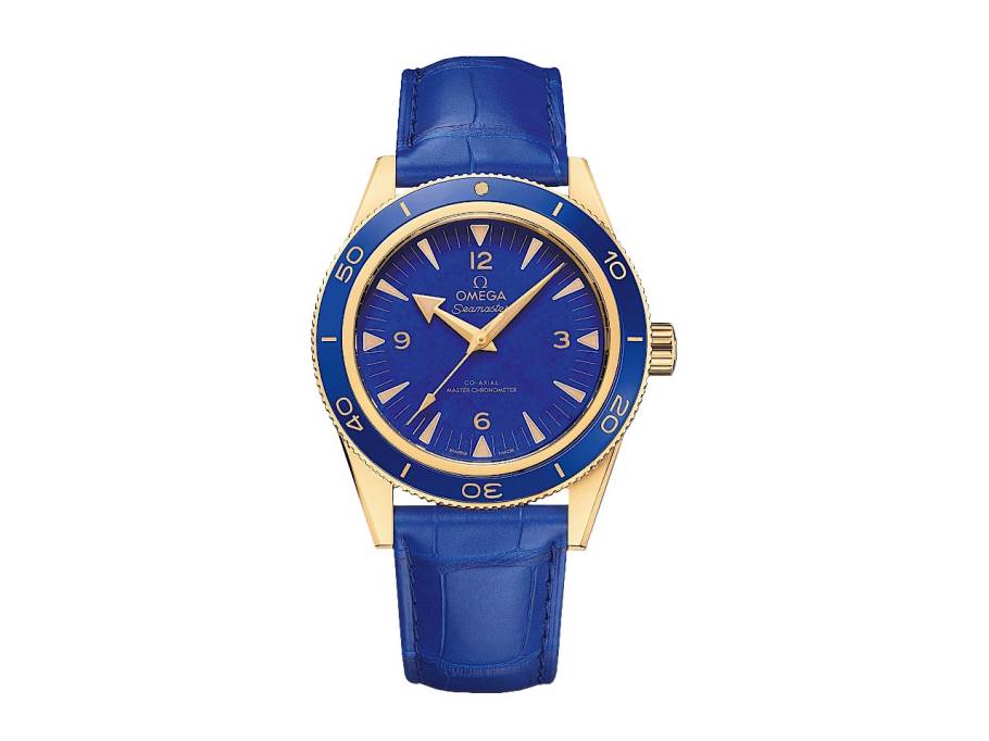 Seamaster 300 Automatik Gelbgold 41mm Lapislazuli-Zifferblatt blaues Lederband