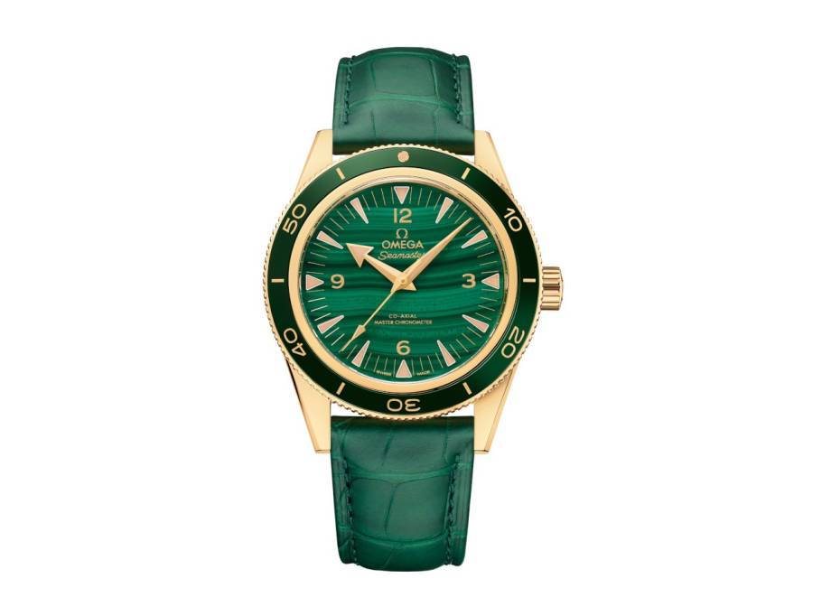 Seamaster 300 Automatik Gelbgold 41mm Malachit-Zifferblatt grünes Lederband