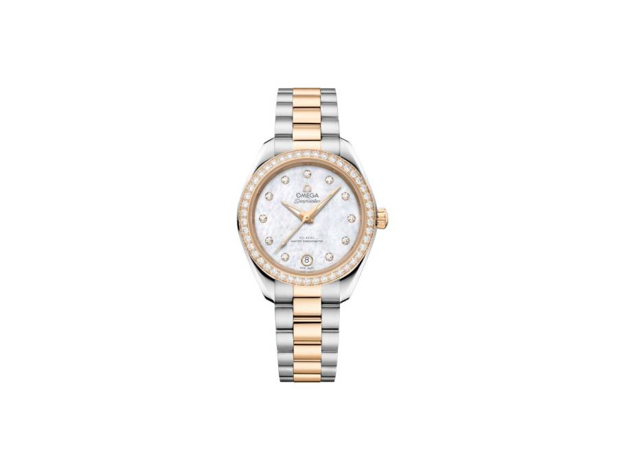 Seamaster Aqua Terra 150M Automatik Edelstahl und Gelbgold 30mm Perlmutt-Zifferblatt mit Diamanten Metallband