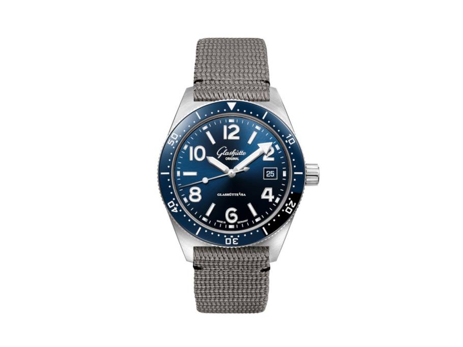 SeaQ Automatik Edelstahl 40mm blaues Zifferblatt graues Textilband Glasboden