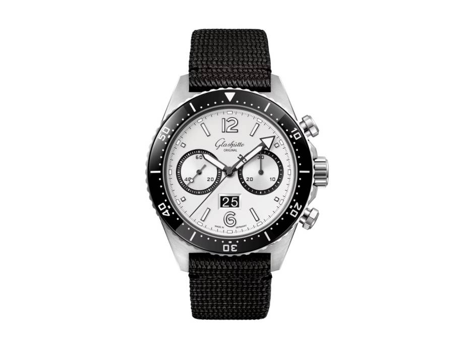 SeaQ Chronograph Silver Screen Automatik Edelstahl 43mm silberfarbenes Zifferblatt schwarzes Textilband