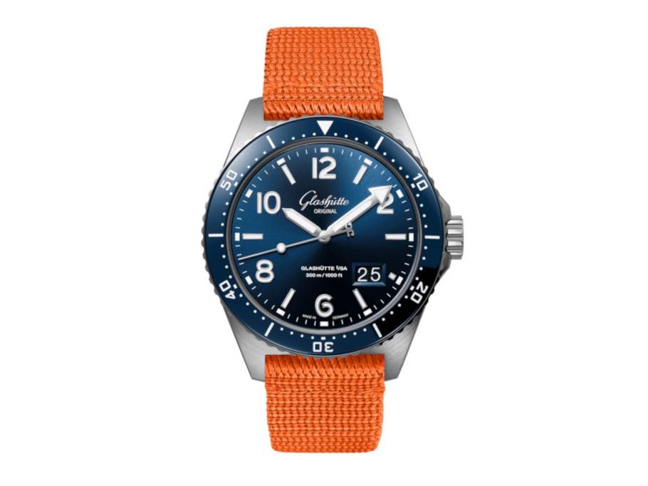 SeaQ  Panoramadatum Edelstahl blau Synthetikband orange