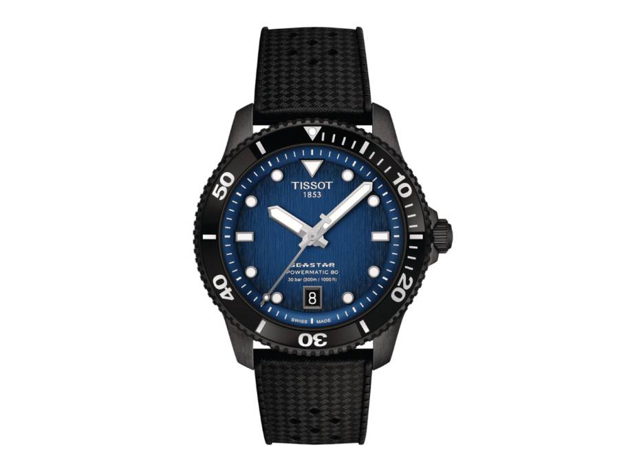 Seastar 1000 Powermatic 80 Automatik Edelstahl PVD-Schwarz 40mm blaues Zifferblatt schwarzes Kautschukband