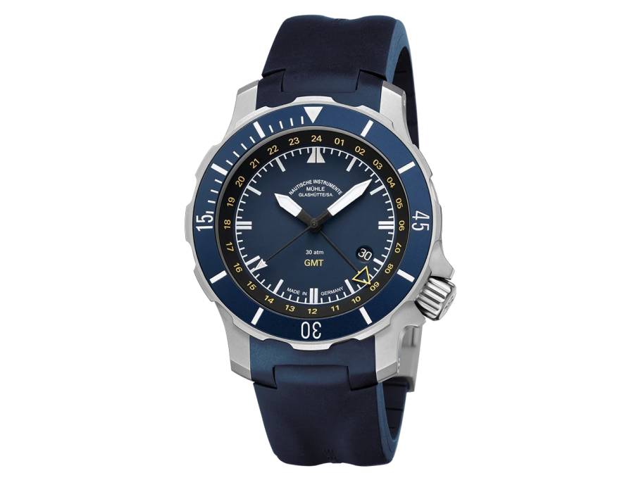 Seebataillon GMT Automatik Titan 45mm blaues Zifferblatt blaues Kautschukband