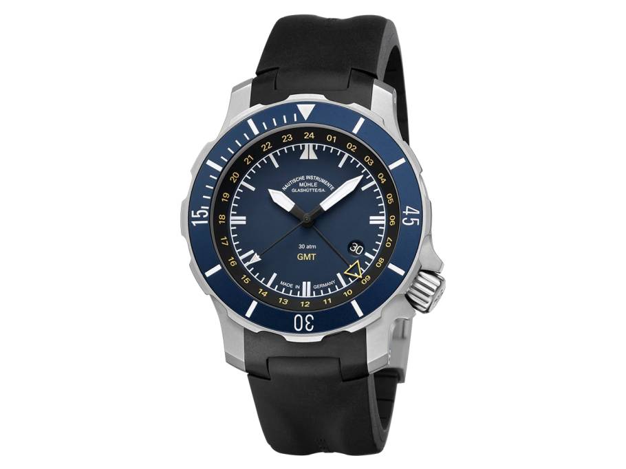 Seebataillon GMT Automatik Titan 45mm blaues Zifferblatt schwarzes Kautschukband