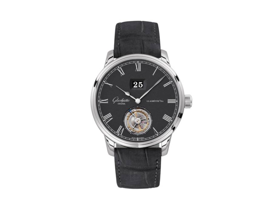 Senator Tourbillon Automatik Weißgold 42mm schwarzes Zifferblatt graues Lederband