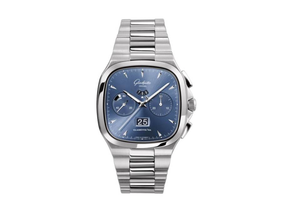 Seventies Chronograph blaues Zifferblatt Metallband