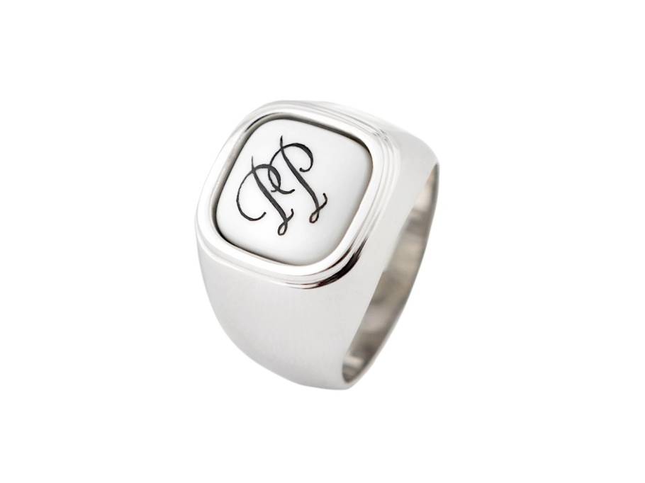 Siegelring eckig "Monogramm in Schwarz" Silber mit weißem Meissener Porzellan