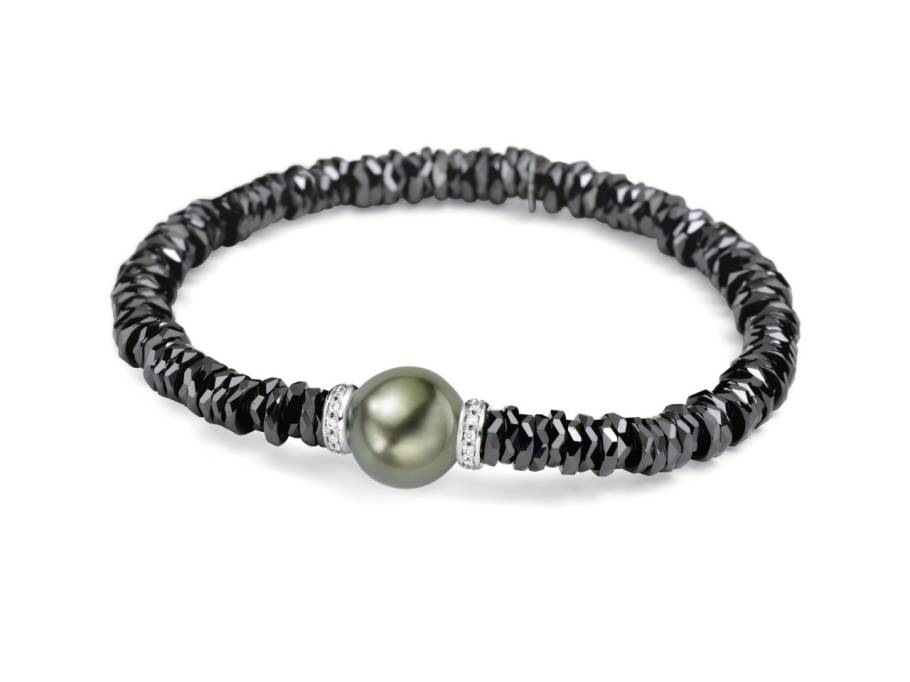 Keramik Armband schwarz Weißgold mit Tahitiperle und Brillanten 0,156ct
