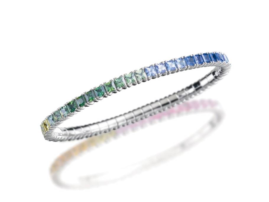 Tennis Flex  Armband rundum Saphire Regenbogen Carrée Weißgold
