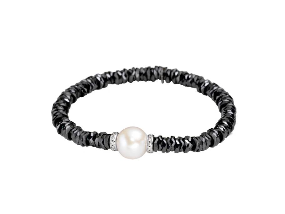 Keramik Armband schwarz Weißgold mit Süßwasserperle und Brillanten 0,156ct