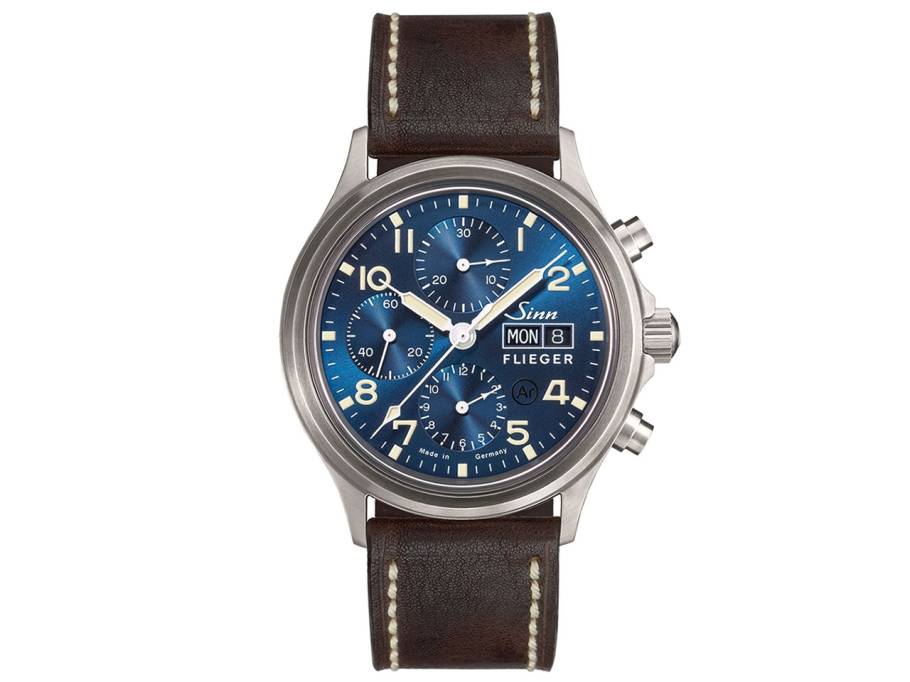 358 Sa Flieger B E Klassischer Chronograph blaues Zifferblatt braunes Vintage Lederband