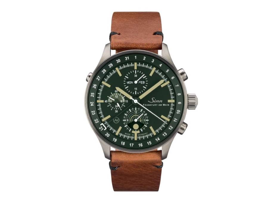 Jagduhr 3006 Chronograph Automatik Edelstahl 44mm grünes Zifferblatt braunes Lederband