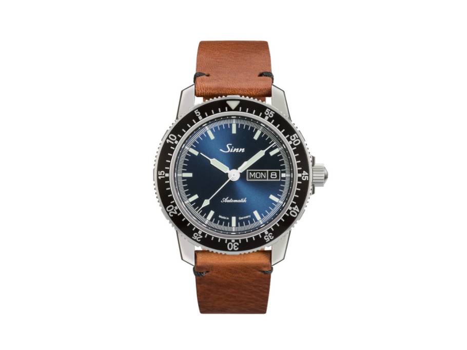 104 St Sa I B Automatik Edelstahl 41mm blaues Zifferblatt braunes Lederband