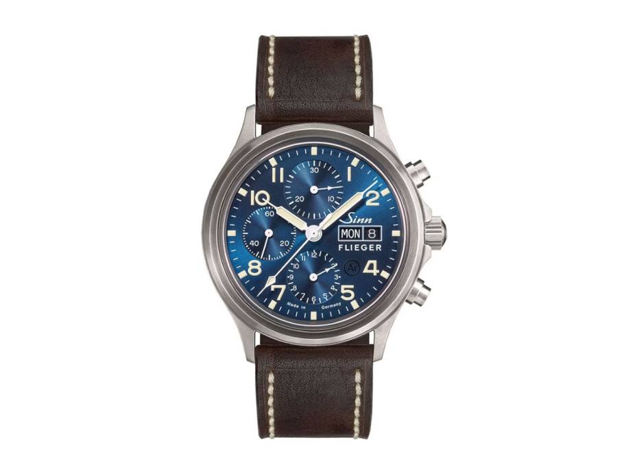 358 Sa Flieger B E Chronograph Automatik Edelstahl 42mm blaues Zifferblatt braunes Lederband