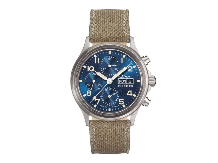 358 Sa Flieger B E Chronograph Automatik Edelstahl 42mm blaues Zifferblatt braunes Textilband