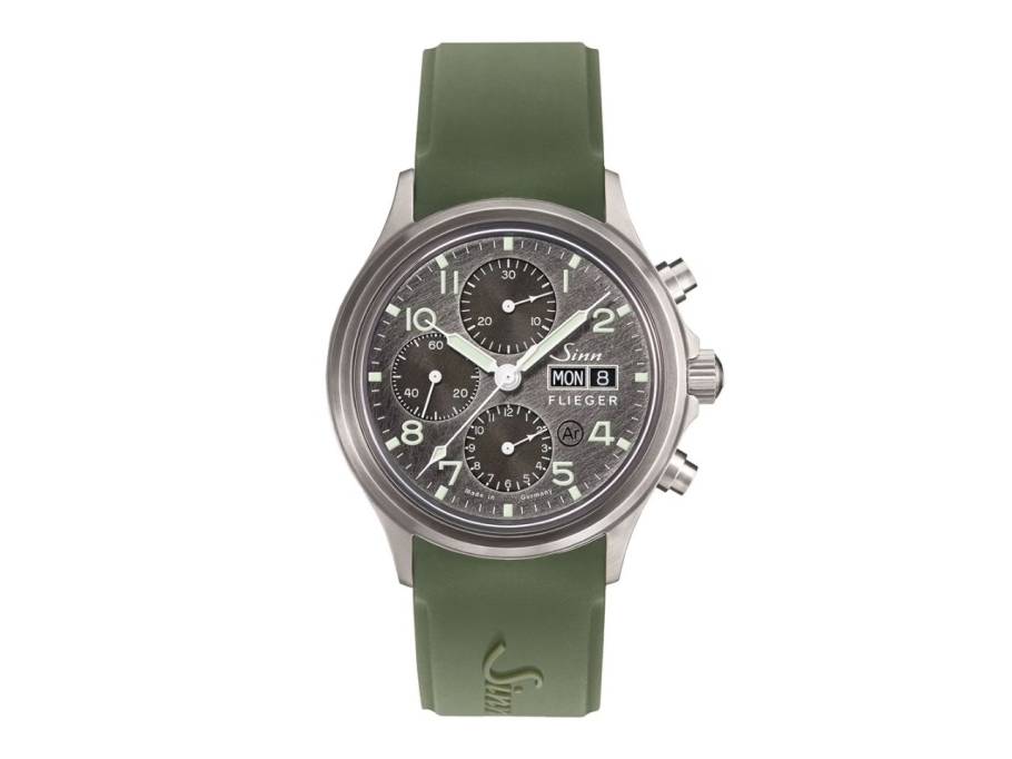358 Sa Flieger DS Chronograph Automatik Edelstahl 42mm graues Zifferblatt grünes Kautschukband