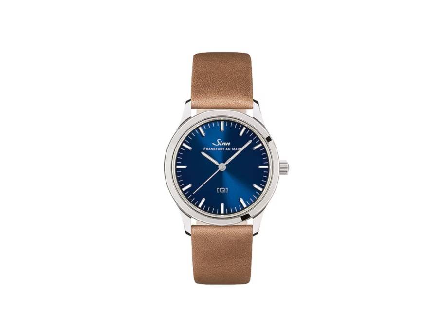 434 St B Quarz Edelstahl 34mm blaues Zifferblatt braunes Lederband
