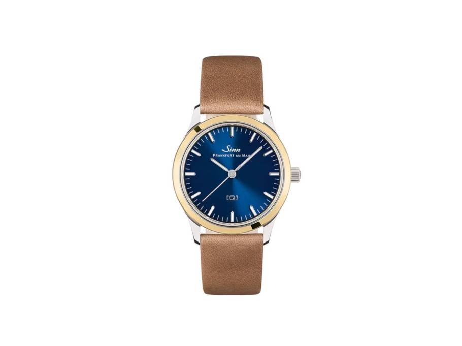 434 St GG B Quarz Edelstahl 34mm blaues Zifferblatt braunes Lederband