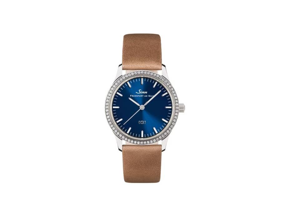 434 TW 68 WG B Quarz Edelstahl 34mm blaues Zifferblatt mit Brillanten braunes Lederband