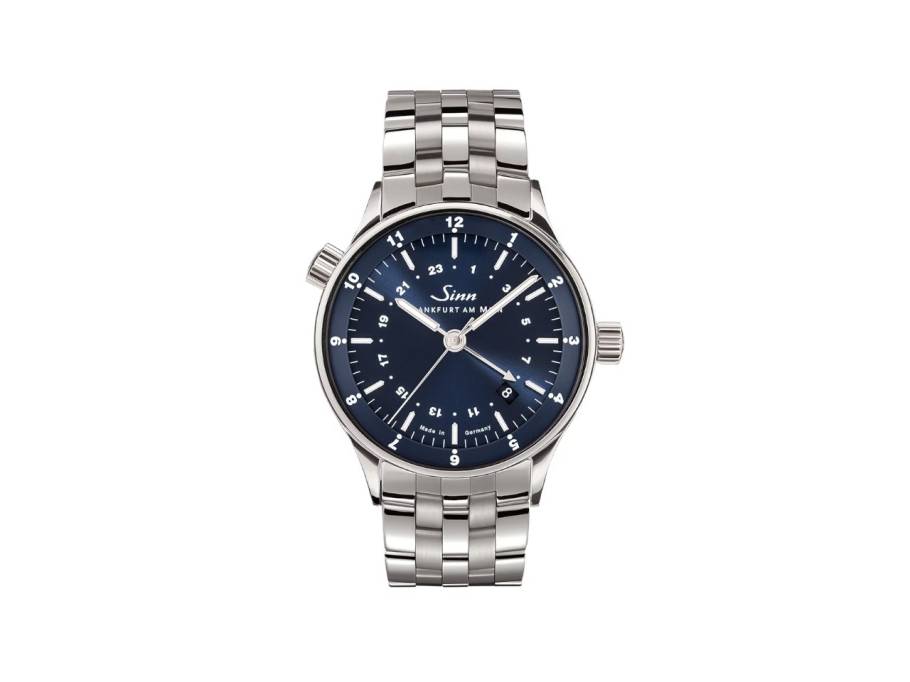 6060 B Frankfurter Weltzeituhr Automatik Edelstahl 38,5mm blaues Zifferblatt Metallband