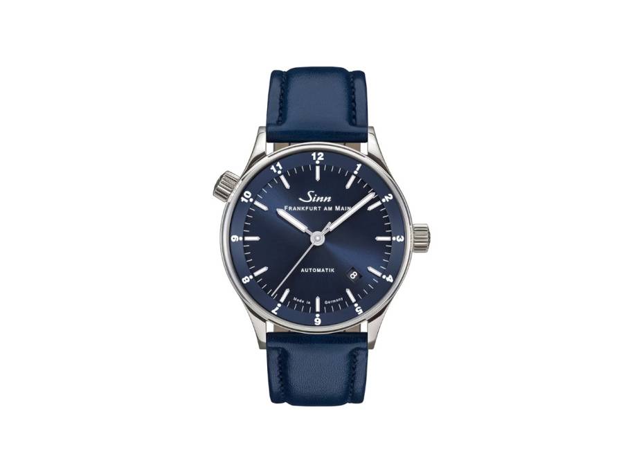 6068 B Frankfurter Finanzplatzuhr Automatik Edelstahl 38,5mm blaues Zifferblatt blaues Lederband