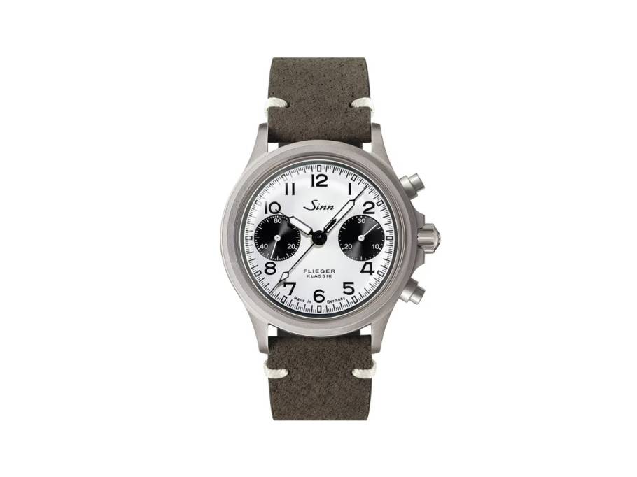 356 FLIEGER Klassik W Chronograph Automatik Edelstahl 38,5mm weißes Zifferblatt graues Lederband